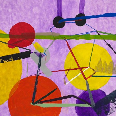 Abstract painting with large red, yellow, and purple circles, connected by multi-colored lines over a hazy purple background.
