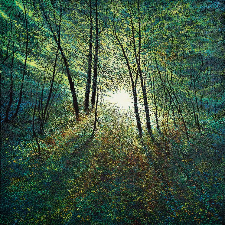 Hallelujah - Large, intricate painting with a warm sunbeam cascading through a forest field