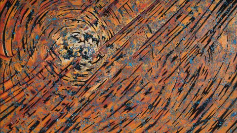 Painting with orange and black stripes oscillate into a galaxy structure with flecks of blue orbs