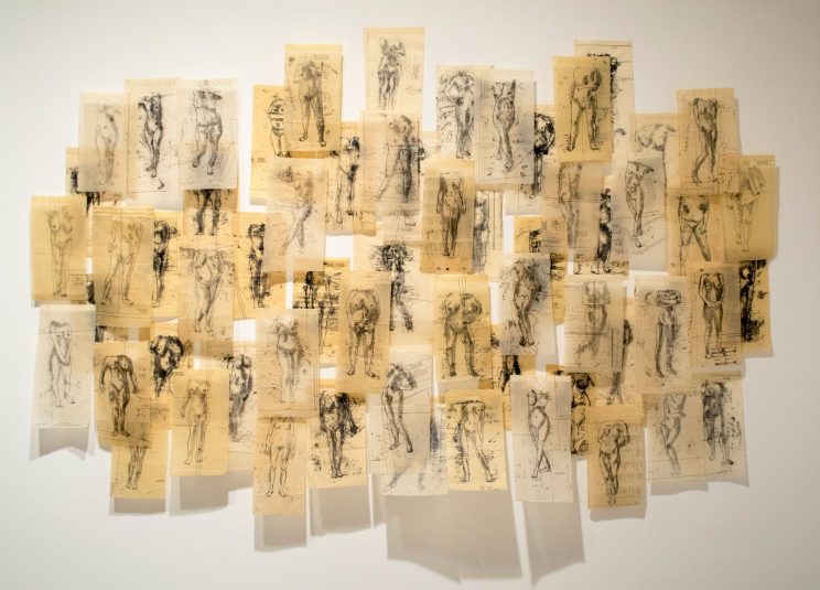 Approximately 30 pieces of tan paper with sketches of nude figures created with black pen on dress makers paper are hung next to each other on the wall