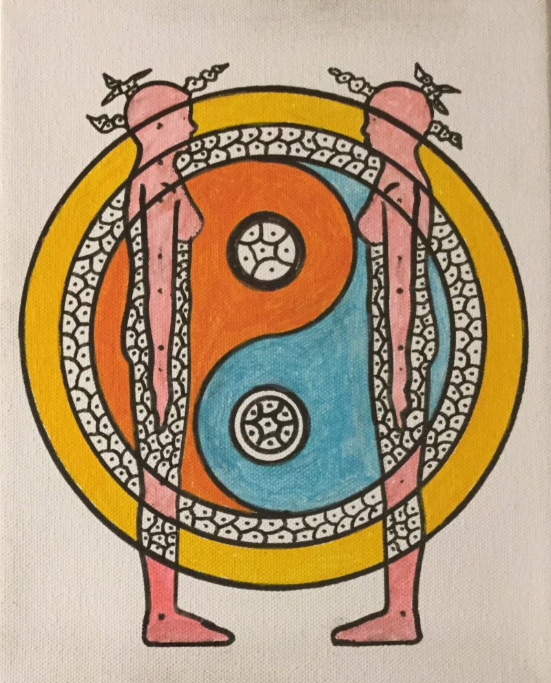 A painting showing the outline of two pink figures facing each other, in front of concentric circles.