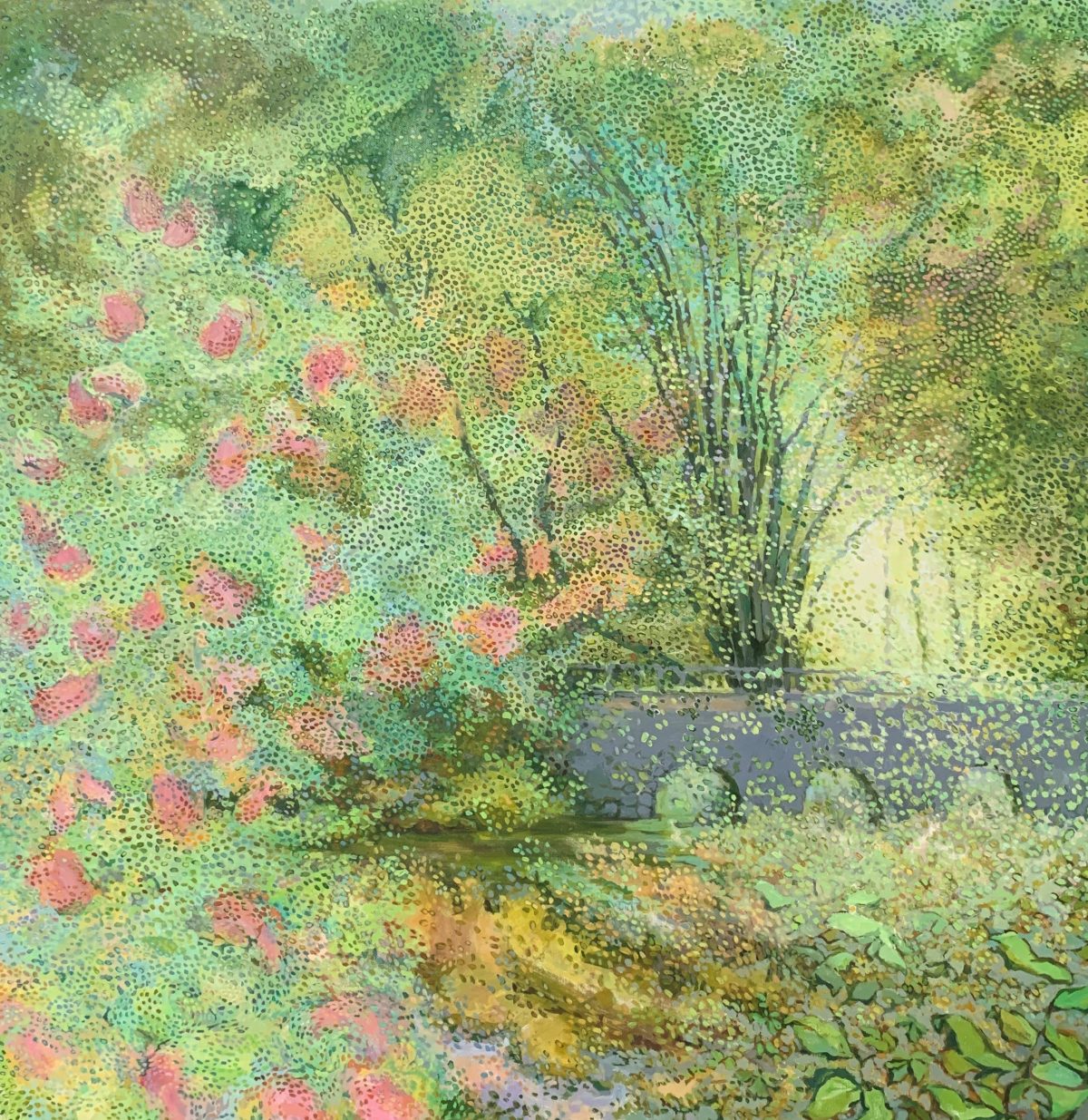 A painting of a misty landscape mixing shades of green and spots of pink.