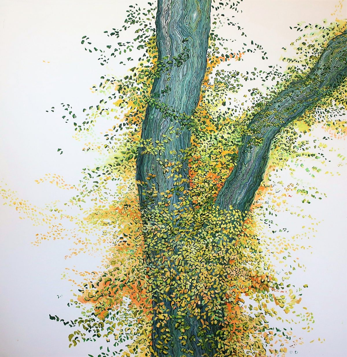 A painting of a bluish tree trunk diverting to two with a bark pattern that resembles water in a river. yellow and green small leaves cover parts of the tree. The tree is over a solid white background.
