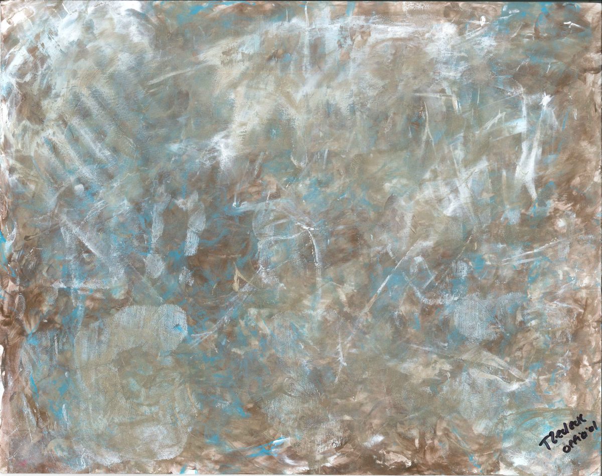 “Light Amongst Darkness”: Light brown paint that swirls in different directions with some white and light blue paint mixed throughout.