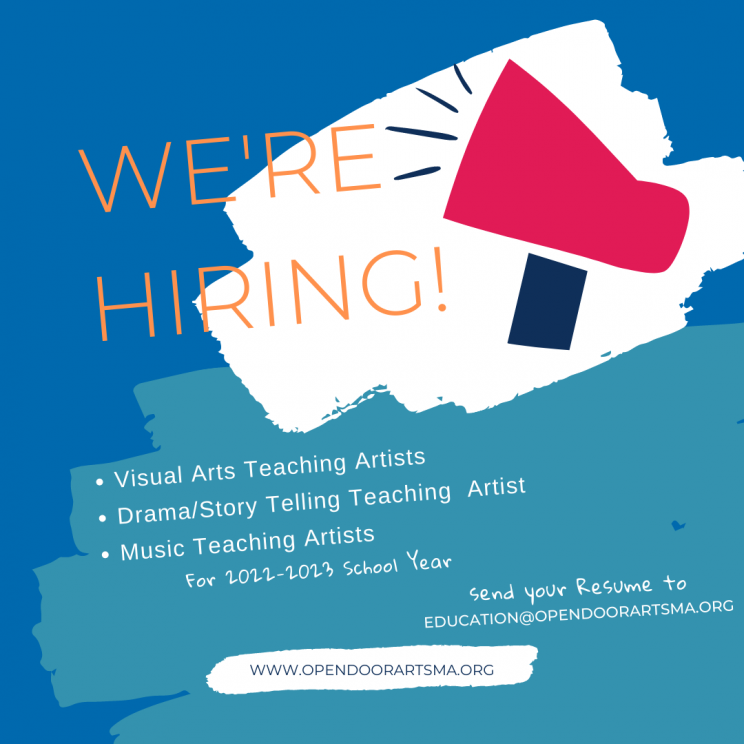 Graphic with megaphone announcing positions for music, visual arts and storytelling/drama teaching artists
