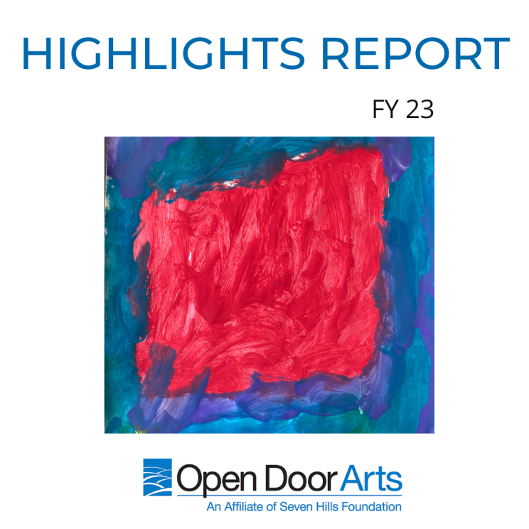 Cover page of the Open Door Arts FY23 Highlights Report featuring an abstract painting in a square shape in shades of red, blue, purple and teal