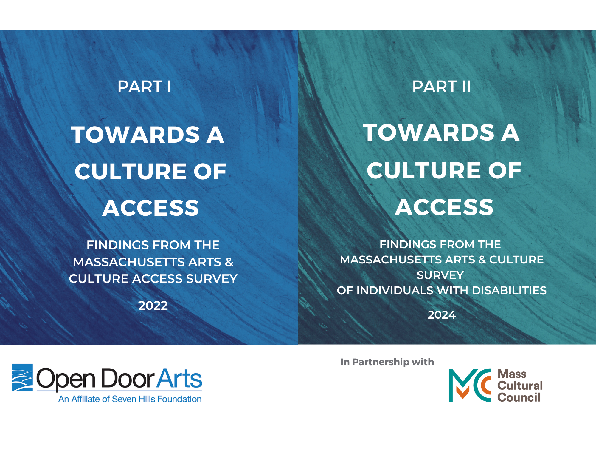 Towards a Culture of Access Reports Side by side images of the Towards a Culture of Access Parts I and II cover pages. The Part I cover text reads: Towards a Culture of Access Part I: Findings from The Massachusetts Arts and Culture Access Survey 2022 and Part II reads: Towards a Culture of Access Part II: Findings from the Massachusetts Arts and Culture Survey of Individuals with Disabilities. The Open Door Arts and Massachusetts Cultural Council Logos are included.
