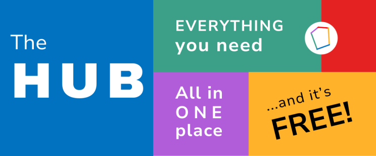 Hub graphic for Mailchimp banner A colorful banner featuring the text: The Hub, everything you need, all in one place, and it's free