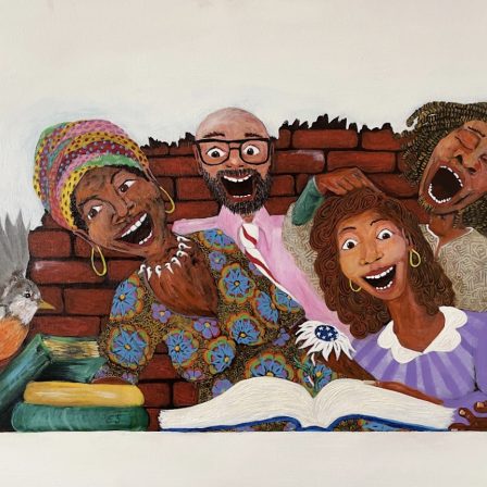 A group of 4 people gathered around an open book with flowers growing out of it. There are three closed books to the left with a bird perched on them. From L to R: A man with light brown skin, a bald head, and a close-shaved beard. He is wearing a suit; A woman with brown skin wearing a colorful, flowered dress and brightly striped head wrap; A woman with brown skin and her hair in locks wearing a grey sweater; and a woman with brown skin and long wavy hair wearing a purple dress.