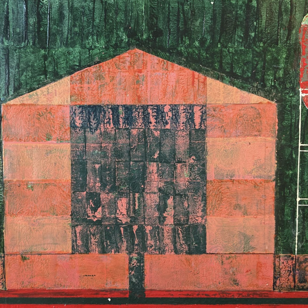 A forest green background. In the middle is a large brick-red andsalmon colored house. To the right is a tall red water tower with a light green top and white legs. To the left is a large oval in a white outline.