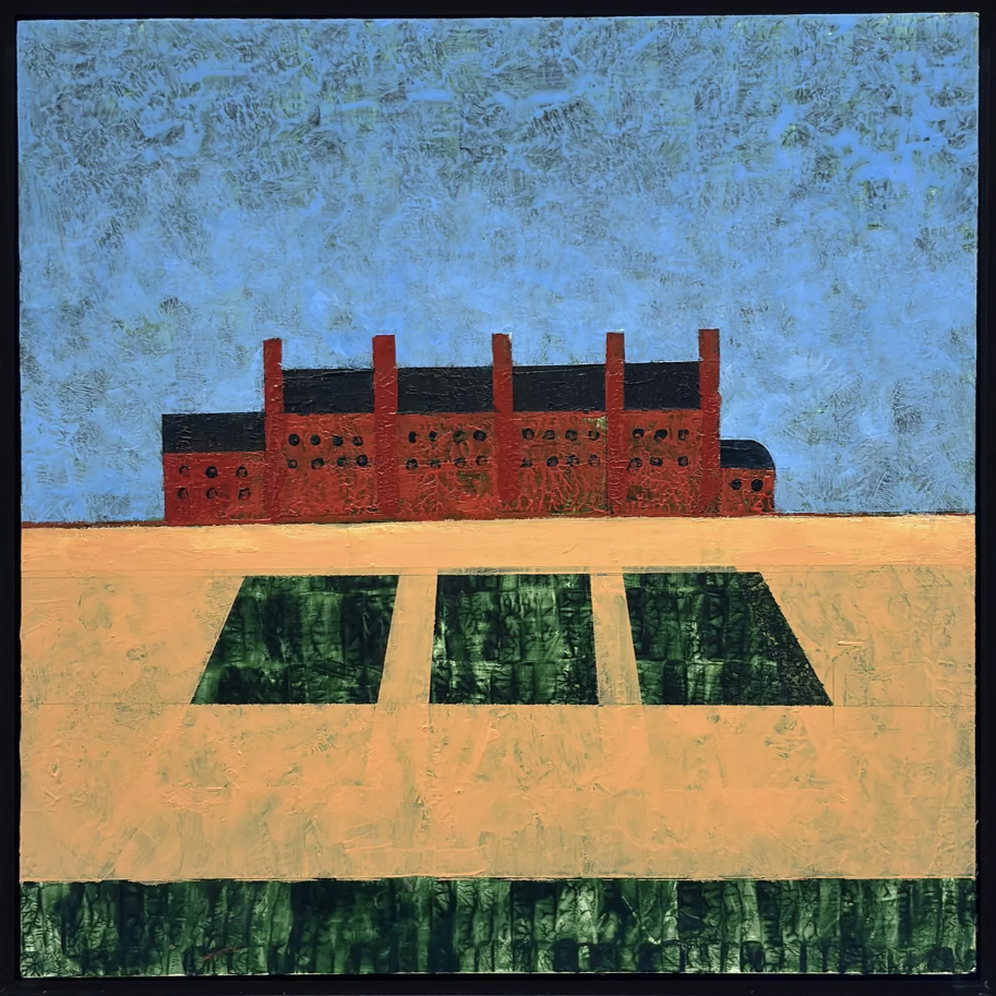 A square canvas in a black frame. There is a bright blue sky and a large yellow field with three big square green patches in the middle. In the background is a large red brick building with multiple chimneys and numerous windows.