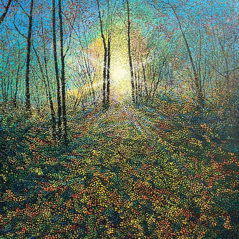 Joy Acrylic painting with chalk pastel, pencil, on black gessoed canvas representing dusk light flickering through marsh trees and foliage