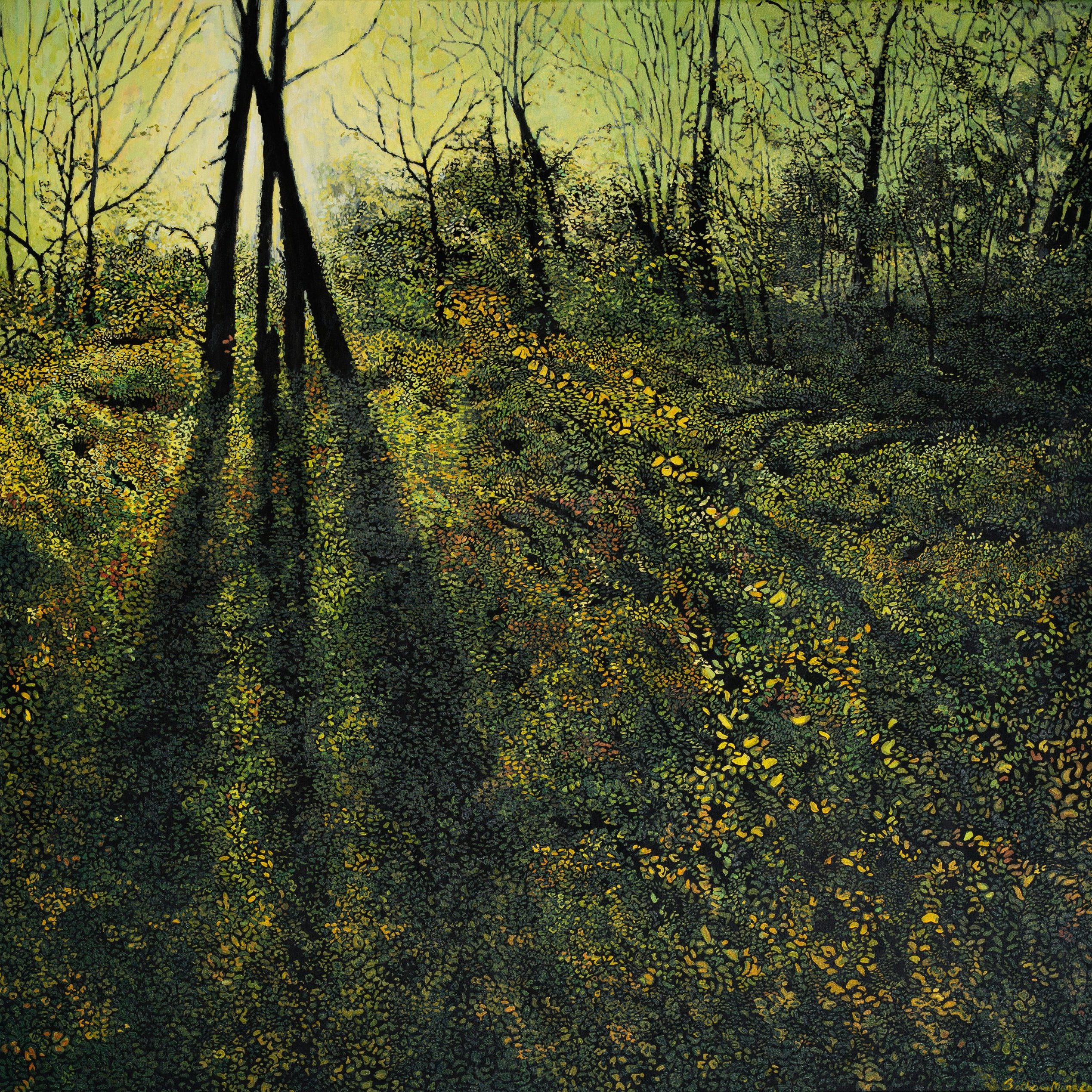 "Northern Kingdom" Acrylic painting on black gessoed canvas representing a morning dawn in the woods