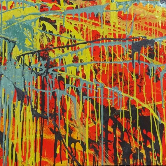 Red canvas with drips of black, turquoise, and yellow streaming down the painting.