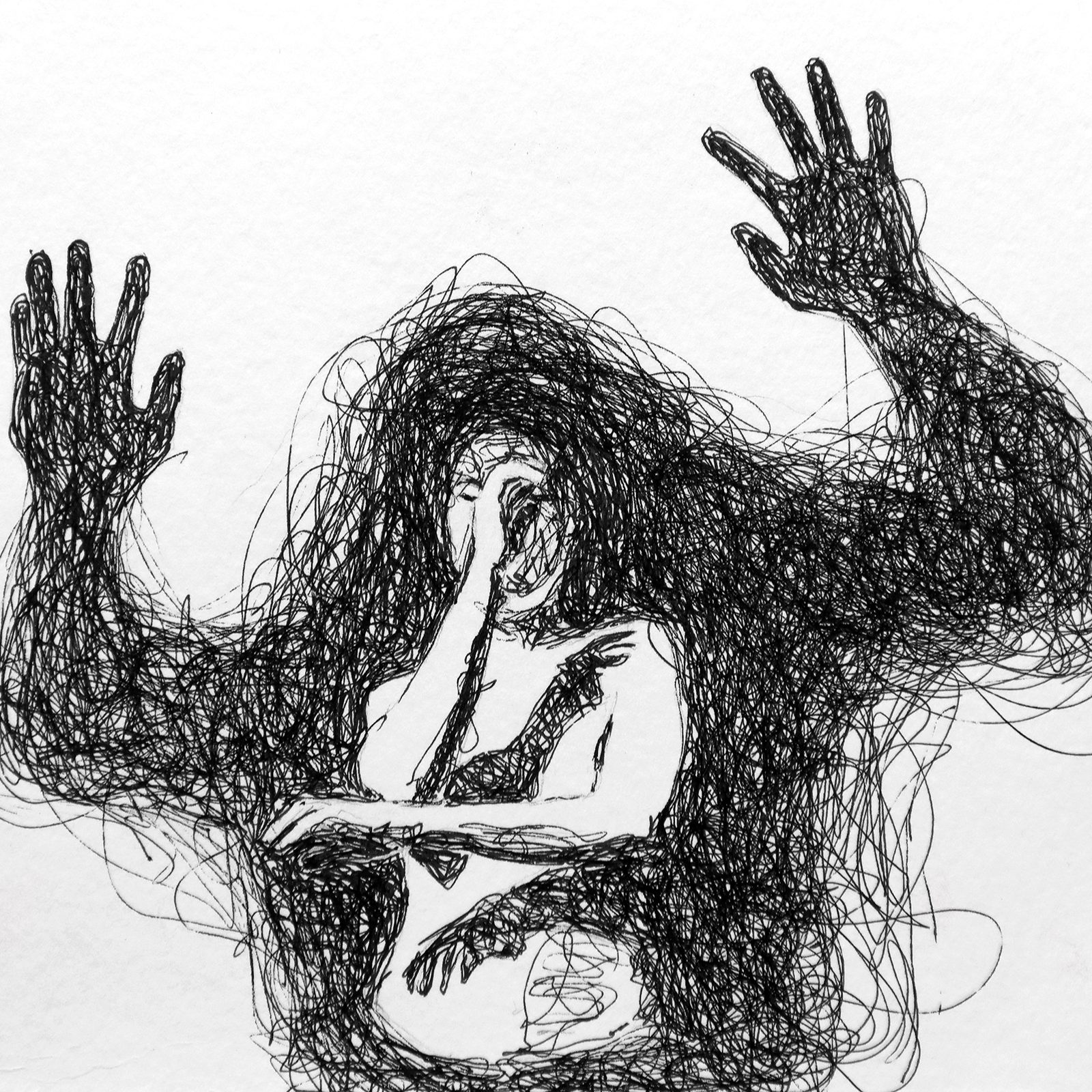 a black pen and ink drawing with a texture of scribble lines. In the middle is a rendering of the artist, one hand covering their face, the other outstretched. Behind them, in the scribble lines, is a large looming shadow with its hands and arms raised.